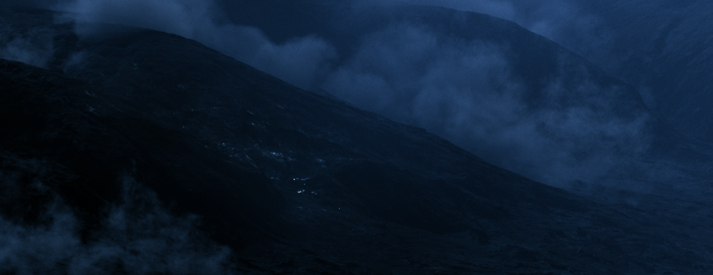 a night landscape showing a mountain at night in a cloudy environment done in visual effect Houdini